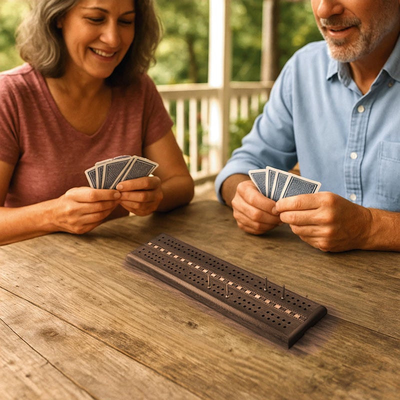Sterling Games Wooden Cribbage 12 inch Double Track Cribbage Board with Rich Italian Inlaid for 2 Players Playing Cards Included - Image 3